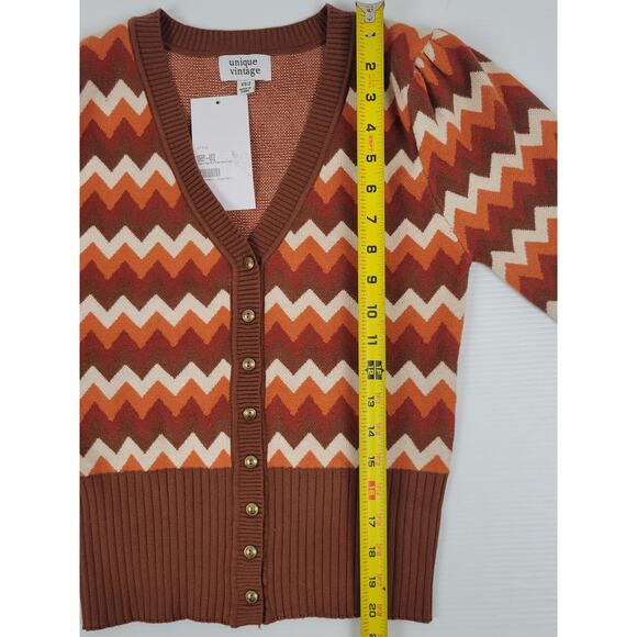 NWT Unique Vintage Retro Boho‎ Multi Brown Chevron Cardigan Sweater Womens XS/2 - Picture 8 of 9